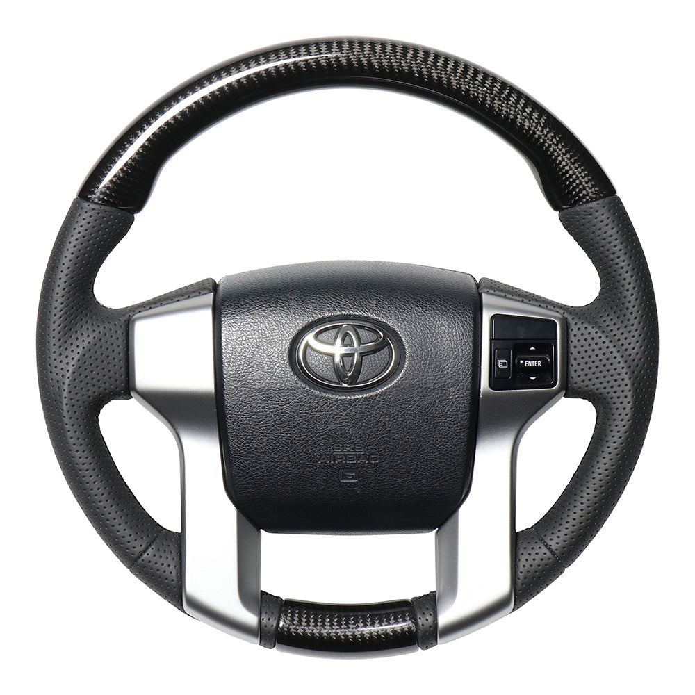 REAL ORIGINAL SERIES GUN GRIP GENUINE SAME DIAMETER ROUND SHAPE BLACK CARBON BLACK EURO STITCH STEERING WHEEL FOR TOYOTA LAND CRUISER PRADO 150 : ZENKI MID  J150G-BKC-BK