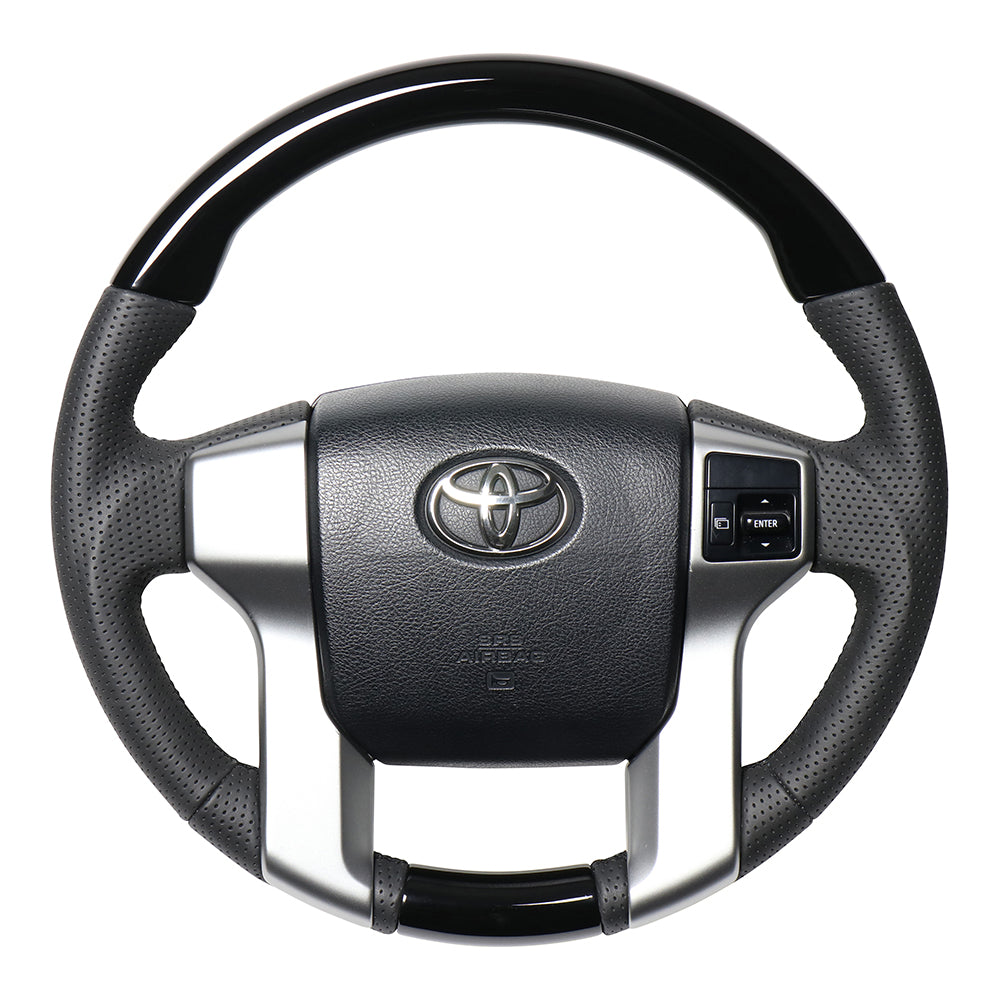 REAL ORIGINAL SERIES GUN GRIP GENUINE SAME DIAMETER ROUND SHAPE PIANO BLACK BLACK EURO STITCH STEERING WHEEL FOR TOYOTA LAND CRUISER PRADO 150 : ZENKI MID  J150G-PBW-BK