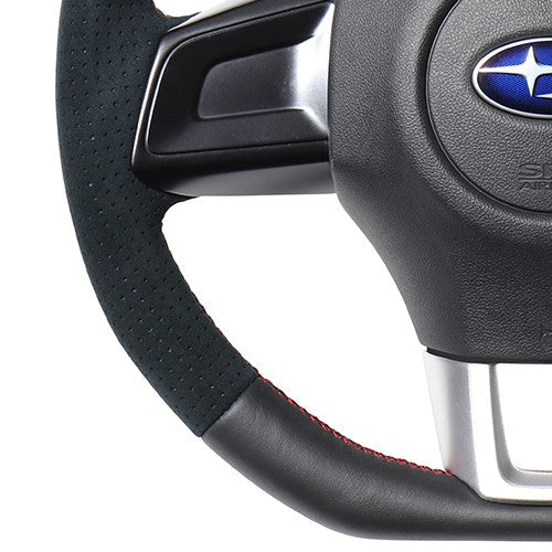REAL ORIGINAL SERIES D SHAPE BLACK LEATHER CENTER MARK & BLACK ULTRA SUEDE RED X BLACK EURO STITCH STEERING WHEEL FOR SUBARU LEVORG VM4 VMG  SBA-ALC-RD