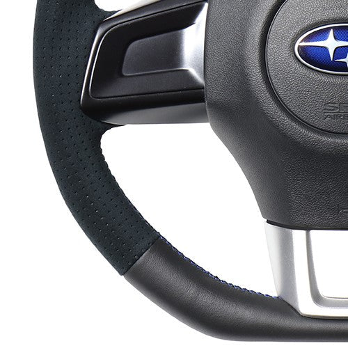 REAL ORIGINAL SERIES D SHAPE BLACK LEATHER CENTER MARK & BLACK ULTRA SUEDE BLUE X BLACK EURO STITCH STEERING WHEEL FOR SUBARU LEVORG VM4 VMG  SBA-ALC-BL
