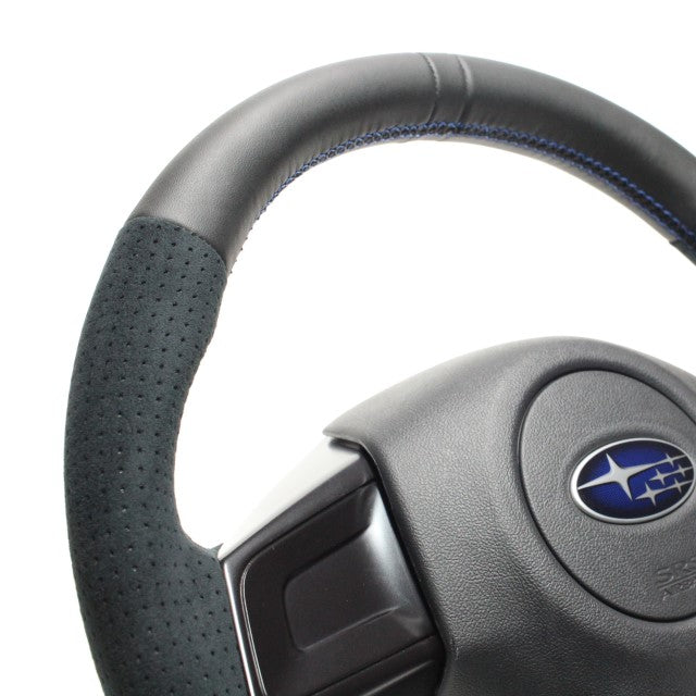 REAL ORIGINAL SERIES D SHAPE BLACK LEATHER CENTER MARK & BLACK ULTRA SUEDE BLUE X BLACK EURO STITCH STEERING WHEEL FOR SUBARU LEVORG VM4 VMG  SBA-ALC-BL