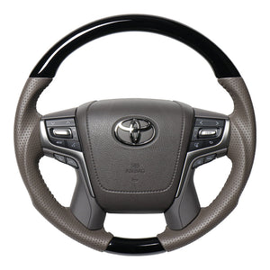 REAL ORIGINAL SERIES ROUND SHAPE PIANO BLACK & DARK GREIGE LEATHER GRAY STITCHING STEERING WHEEL FOR TOYOTA LAND CRUISER PRADO 150 : KOUKI  H30G-PBW-GL