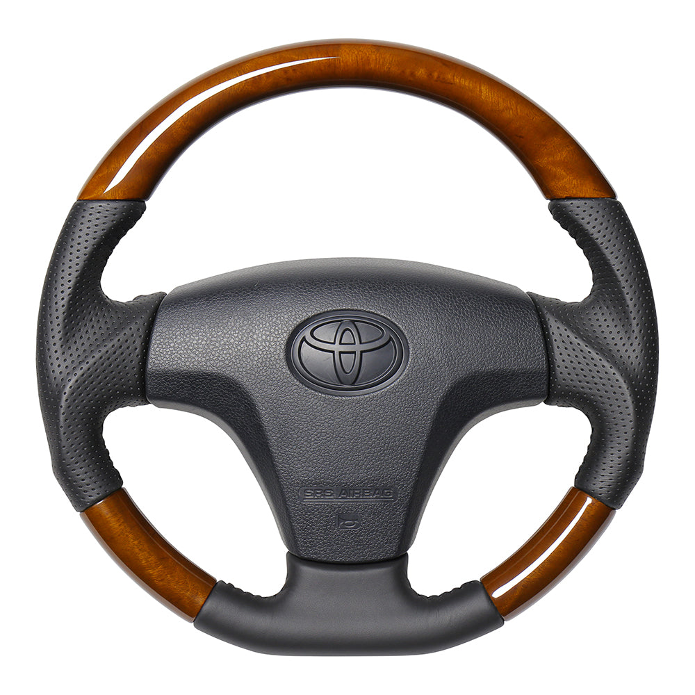 REAL ORIGINAL SERIES SOFT D SHAPE 42 BROWN WOOD BLACK STITCH STEERING WHEEL FOR DAIHATSU MOVE LA100S TYB-42BRW-BK
