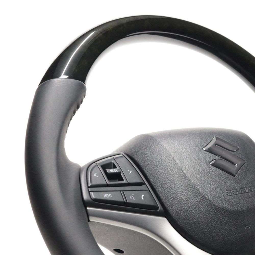 REAL ORIGINAL SERIES SOFT D SHAPE BLACK WOOD BLACK STITCH STEERING WHEEL FOR SUZUKI SPACIA MK53S  SZC-BKW-BK