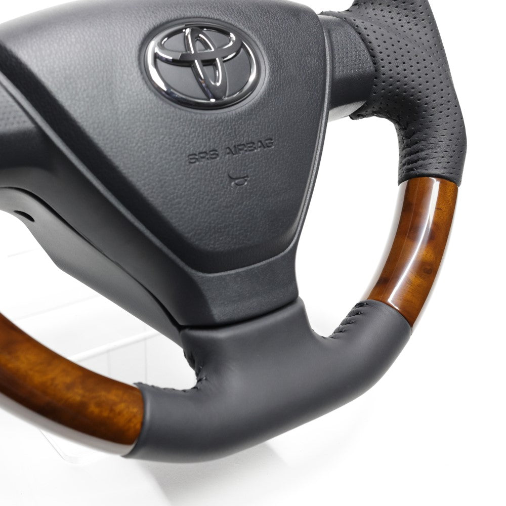 REAL ORIGINAL SERIES SOFT D SHAPE 42 BROWN WOOD BLACK STITCH STEERING WHEEL FOR DAIHATSU MIRA ES LA350S LA360S  DIA-42BRW-BK