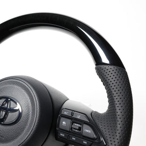 REAL ORIGINAL SERIES D SHAPE 38B BLACK WOOD BLACK STITCH STEERING WHEEL FOR TOYOTA AQUA MXPK10  TYJ-38BBKW