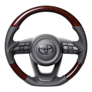 REAL ORIGINAL SERIES D SHAPE 56 BROWN WOOD BLACK STITCH STEERING WHEEL FOR TOYOTA AQUA GR SPORT MXPK11  TYJ-56BRW