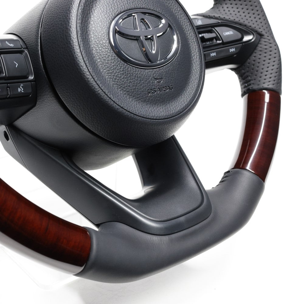 REAL ORIGINAL SERIES D SHAPE 56 BROWN WOOD BLACK STITCH STEERING WHEEL FOR TOYOTA YARIS CROSS GR SPORT MXPJ10 MXPB10  TYJ-56BRW