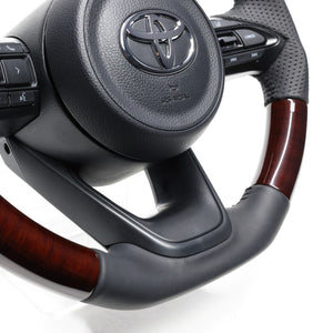 REAL ORIGINAL SERIES D SHAPE 56 BROWN WOOD BLACK STITCH STEERING WHEEL FOR TOYOTA YARIS CROSS GR SPORT MXPJ10 MXPB10  TYJ-56BRW