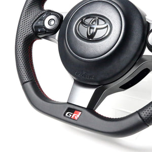 REAL ORIGINAL SERIES EMBLEM TYPE D SHAPE ALL LEATHER RED X BLACK EURO STITCH STEERING WHEEL FOR TOYOTA C-HR GR SPORT 10  GRM-LPB-RD