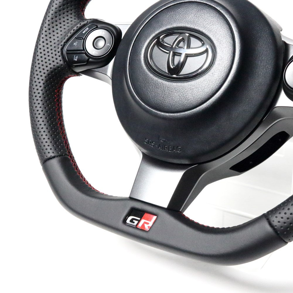 REAL ORIGINAL SERIES EMBLEM TYPE D SHAPE ALL LEATHER RED X BLACK EURO STITCH STEERING WHEEL FOR TOYOTA PRIUS Α GR SPORT 40  GRM-LPB-RD