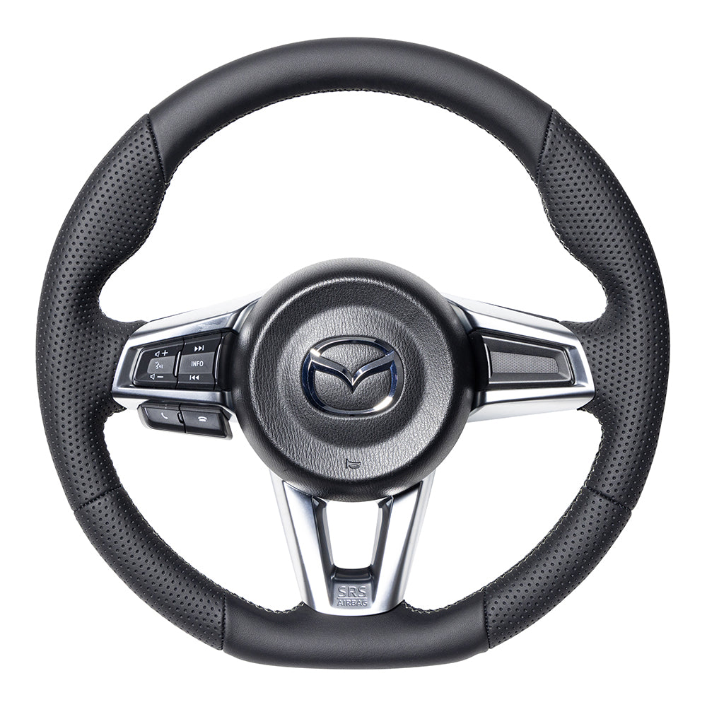 REAL ORIGINAL SERIES SMALL DIAMETER GUN GRIP D SHAPE ALL LEATHER SILVER X BLACK EURO STITCH STEERING WHEEL FOR MAZDA ROADSTER RF NDERC ND5RE ND5ERE MZC-LPB-SL