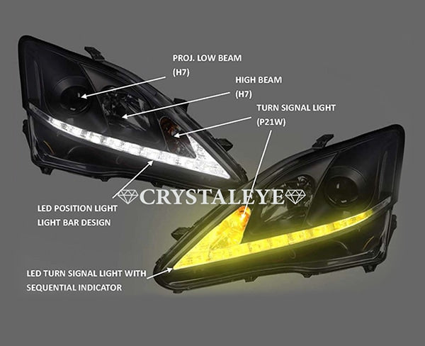CRYSTAL EYE L-LINE HEADLIGHT V3 WITH SEQUENTIAL TURN SIGNALS, BLACK FOR LEXSUS LEXUS IS 20  S257BKVWRG