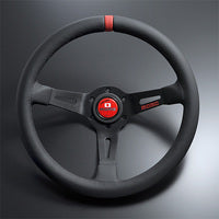 MOMO FORTUNE FULL SPEED 348D 90 BLACK LEATHER BLACK SPOKE RED TOP STEERING WHEEL MOMO-00015