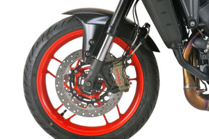 PLOT SWAGE-LINE PRO FRONT BRAKE HOSE KIT BI-PIECE RED AND BLUE ALUMINUM FITTINGS BLACK SMOKE HOSE FOR YAMAHA XSR900 BREMBO CALIPER SPEC SAPB379FB