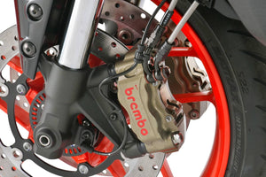 PLOT SWAGE-LINE PRO FRONT BRAKE HOSE KIT BI-PIECE RED AND BLUE ALUMINUM FITTINGS BLACK SMOKE HOSE FOR YAMAHA XSR900 BREMBO CALIPER SPEC SAPB379FB