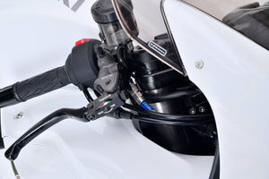 PLOT SWAGE-LINE PRO FRONT BRAKE HOSE KIT TRI-PIECE RED AND BLUE ALUMINUM FITTINGS CLEAR HOSE FOR SUZUKI HAYABUSA BREMBO SPEC SAP555FT