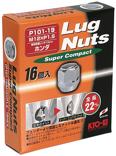 KYO-EI LUG NUT SUPER COMPACT 19HEX 16PCS M12xP1.5 CHROME-PLATED P101-19-16P