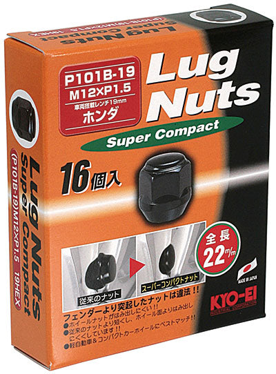 KYO-EI LUG NUT SUPER COMPACT 19HEX 16PCS M12xP1.5 BLACK P101B-19-16P