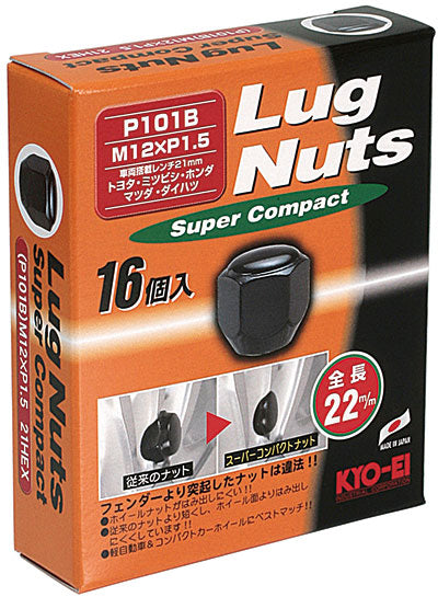 KYO-EI LUG NUT SUPER COMPACT 21HEX 16PCS M12xP1.5 BLACK P101B-16P