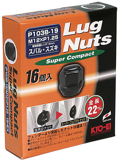 KYO-EI LUG NUT SUPER COMPACT 19HEX 16PCS M12xP1.25 BLACK P103B-19-16P