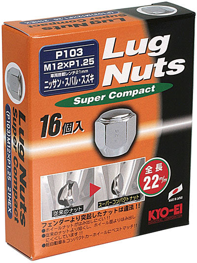 KYO-EI LUG NUT SUPER COMPACT 21HEX 16PCS M12xP1.25 CHROME-PLATED P103-16P