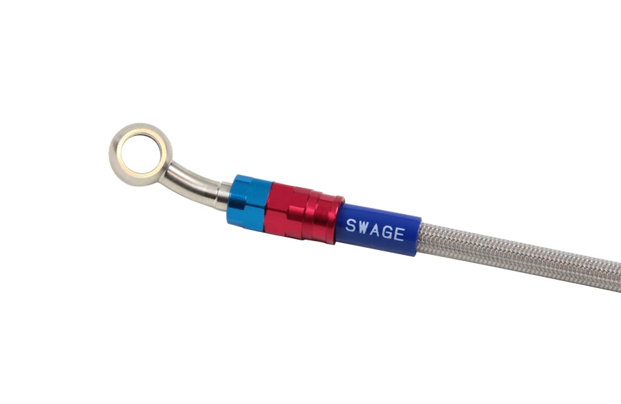 PLOT SWAGE-LINE PRO FRONT BRAKE HOSE KIT BI-PIECE RED AND BLUE ALUMINUM FITTINGS CLEAR HOSE FOR HONDA CB400SF ABS SAP0032FB