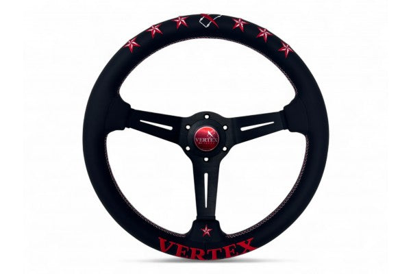 CAR MAKE T&E VERTEX 6 STAR STEERING WHEEL RED LEATHER 340MM X 70MM DEEP FOR  CARMAKETE-03056